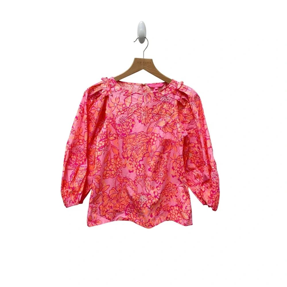 Lilly Pulitzer Pink Orange Floral Puff Sleeve Cotton Blouse Top XS